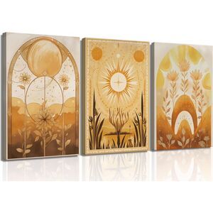 3Pcs Orange Boho Canvas Wall Art Yellow Orange Sun Wall Decor